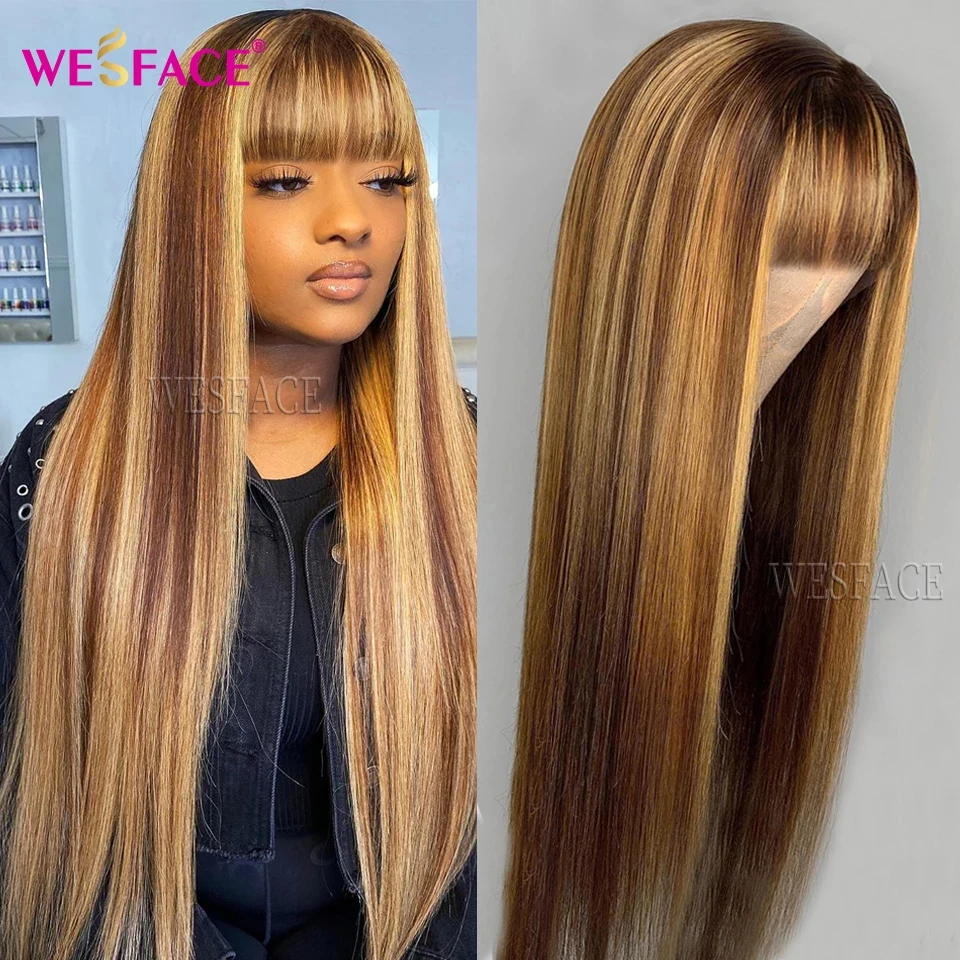 Highlight Human Hair Wigs with Bangs Brazilian Straight Wig Human Hair Glueless Machine Made Human Remy Hair For Black Women