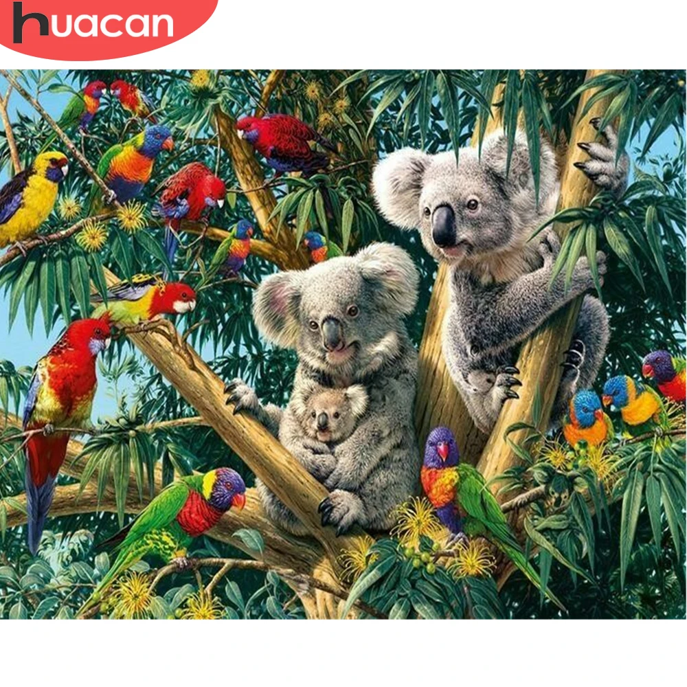 

HUACAN Cross Stitch Animals Koala White Canvas DIY Home Decoration 14CT 40x50cm Embroidery Parrot Kits Needlework Sets