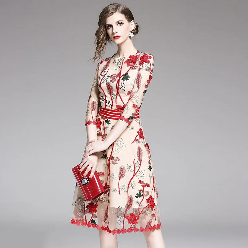 

New European Lolita Style Dress Women Summer 2021 Elegant Fashion Lace Mesh Heavy Embroidery Floral A-Line Slim Dress