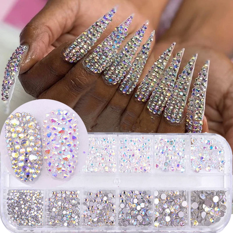 

12 Grids/box Nail Rhinestone Mixed Crystal Rhinestone Gold White Diamond Gem 3D Glitter Nail Art Decorations Accessories 1440pcs