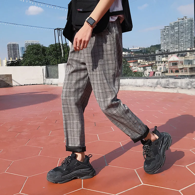 

Streetwear Black Plaid Pants Men Joggers 2021 Mens Straight Harem Pants Men Korean Hip Hop Trousers Plus Size