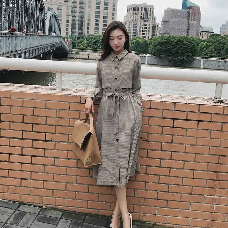 Весна-Осень 2020 новое однобортное платье-Тренч средней длины в британском стиле с