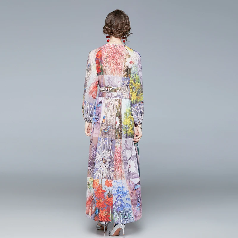 

Chiffon Dress Long Sleeve Women 2021 Spring Autumn V-Neck Buttons Adjustable Tie Maxi Dress Woman Clothing