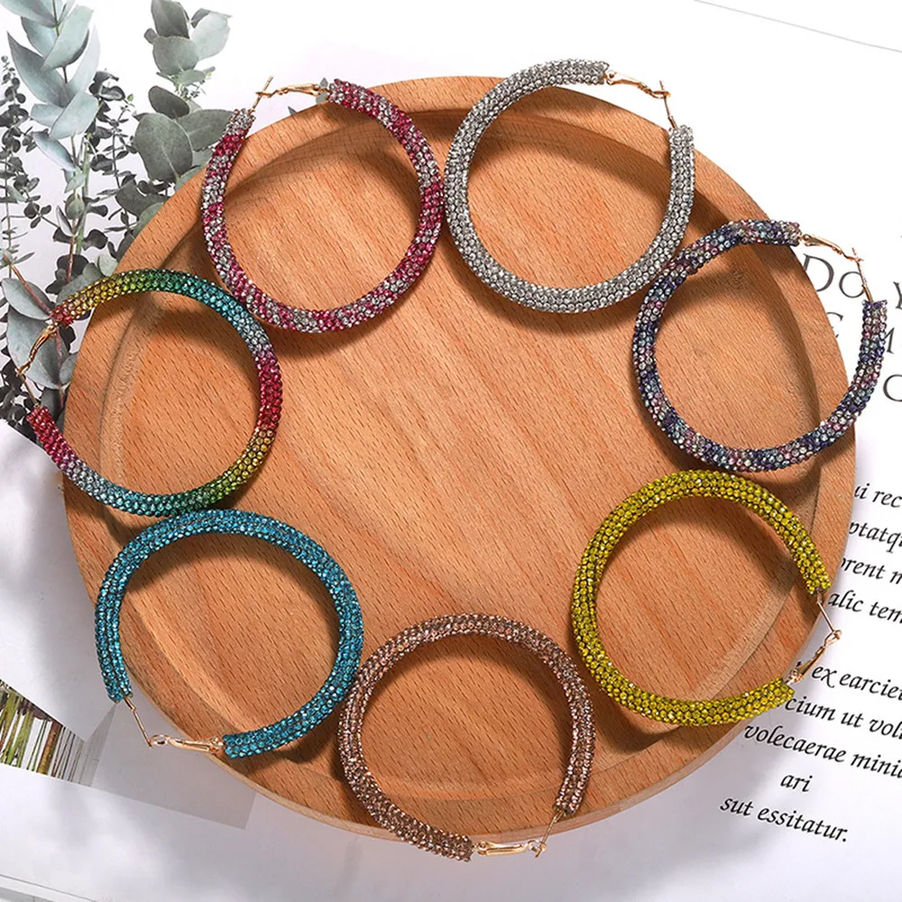 

Luxury Colorful Large Rhinestone Hoop Earrings Jewelry for Women Party Shining Crystal Circle Round Hoop Earrings Accessories