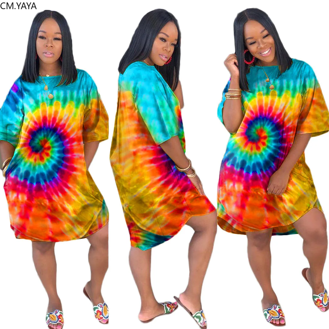 2019 summer women o-neck half sleeve black hole tie dye print knee length loose dress fashion classic streetwear dresses vestido | Женская