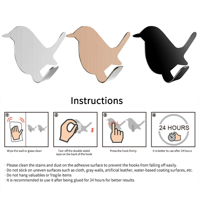 

2Pcs Bird Stainless Steel Single Hooks Creative Free Punching Seamless Hanger Home Kitchen Bathroom Multi-Purpose Coat Hooks