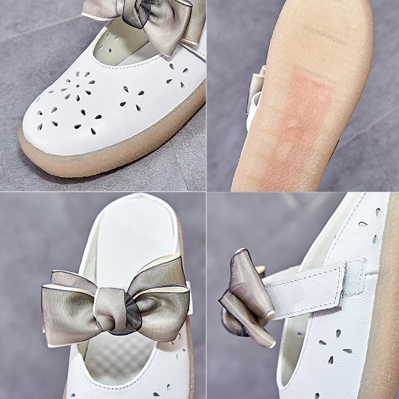 

GKTINOO 2020 Women Genuine Leather Slippers Summer Slides Sweet Bow-knot Simplicity Openwork Ladies Flat Beach Casual Slippers