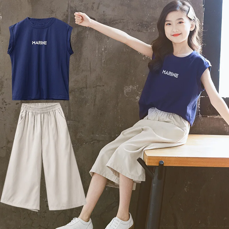 

Girls' Summer Suit Wide Leg Pants 2021 New Children's Wear Kids Clothes Girls 10 To 12 Teenage School Girl Outfit