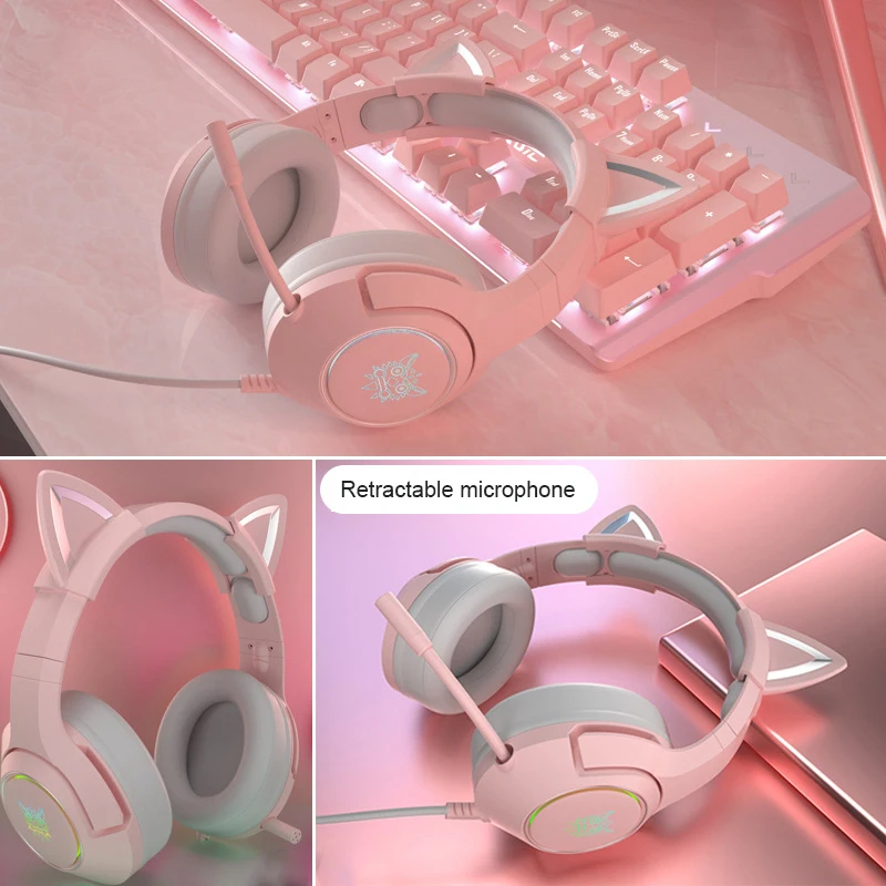 Игровая гарнитура с милой кошкой и микрофоном Hi-Fi музыкальные стереонаушники