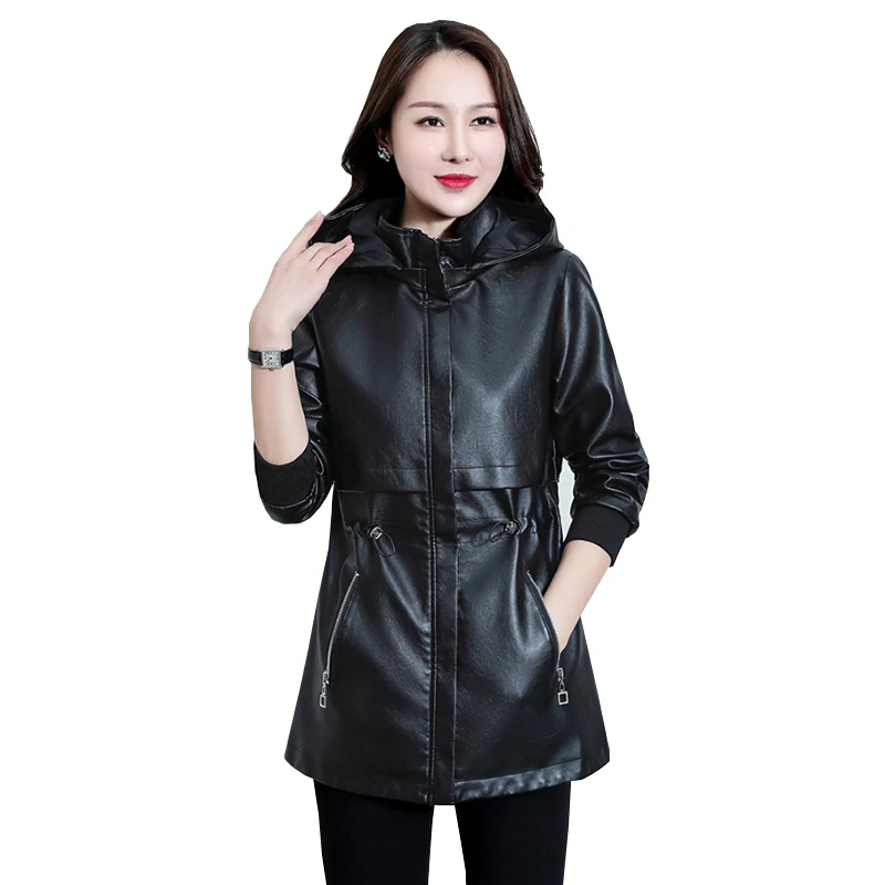 

Куртка женская из ПУ кожи и хлопка, с капюшоном