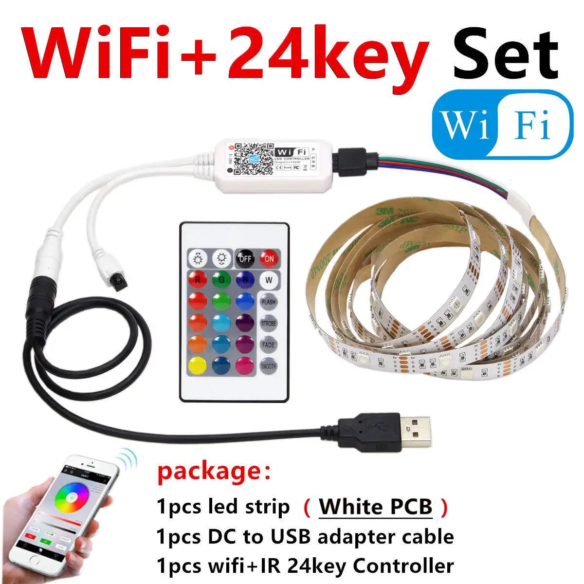 White PCB wifi Set USB RGB Светодиодные ленты Водонепроницаемый 5V 5050 SMD RGB USB Светодиодные ленты светильник с регулируемой яркостью, лента светодиодный светильник 17key 44Key/24key Добавить Wi-Fi - Испускаемый цвет: White PCB wifi Set