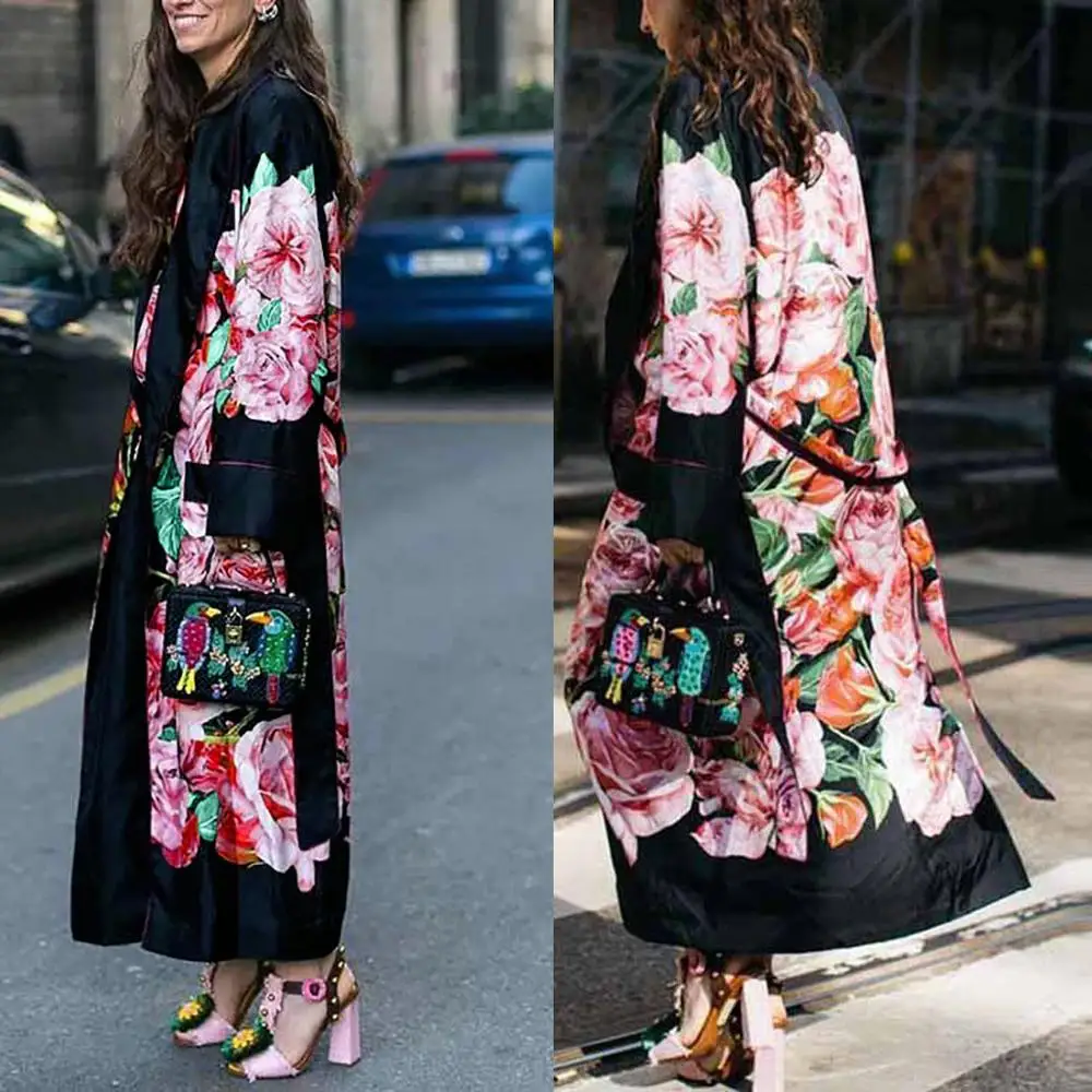 Женское пальто Тренч Весенняя элегантная ветровка с цветочным принтом и поясом