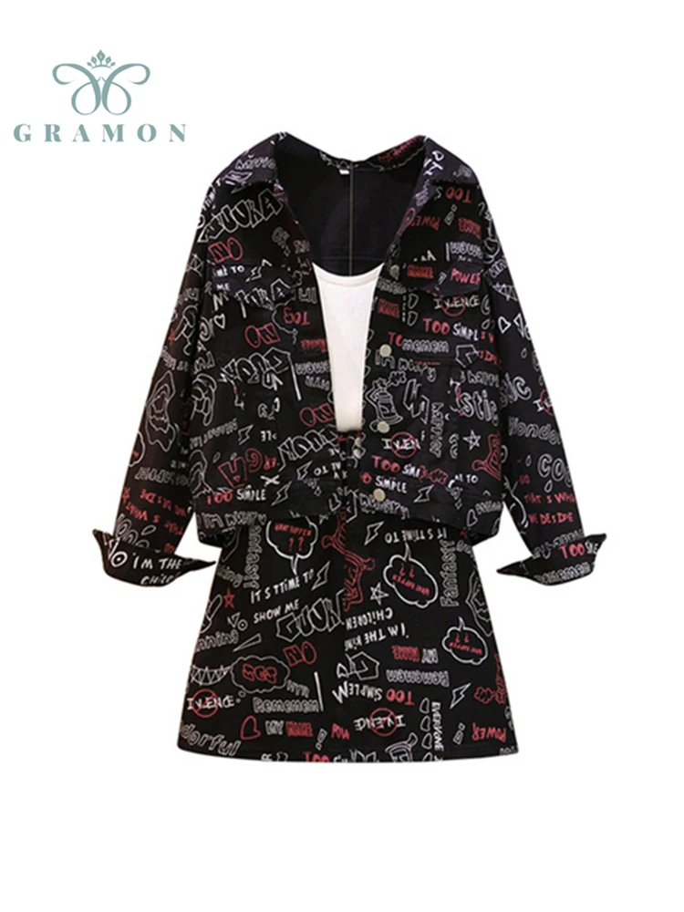 

Mujer Denim Suits Korean Fashion Single Breasted Jean Coat And Print Mini A-line Skirt Woman Two Piece Set 2022 Spring Plus Size