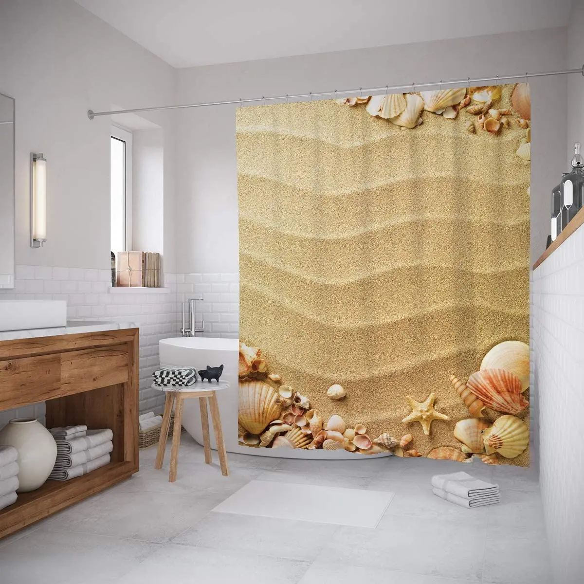 Занавеска для пляжного душа морская композиция с рамой песчаного пляжа покрытой
