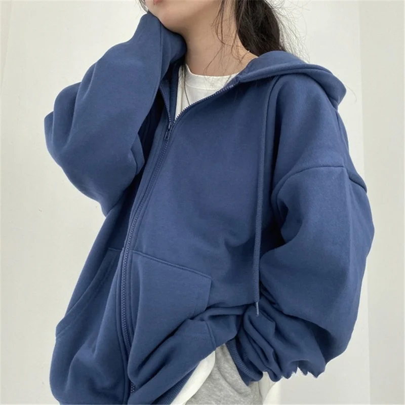 

Large women's hooded sweatshirt, plain zip casual jacket, Korean version, loose, thin, long sleeve, women's coat