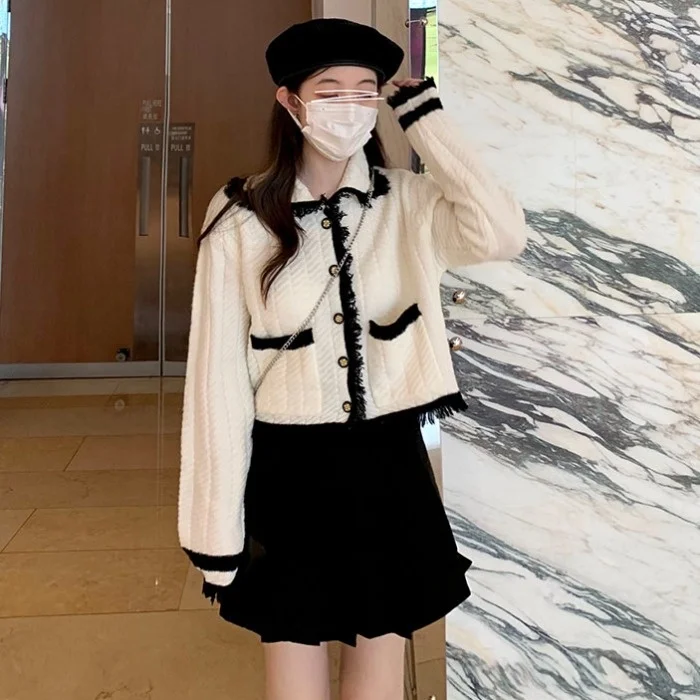 

Новинка 2021 года, однобортный Кардиган с кукольным воротником и блокировкой цвета, женский свитер в Корейском стиле, топ с дизайном