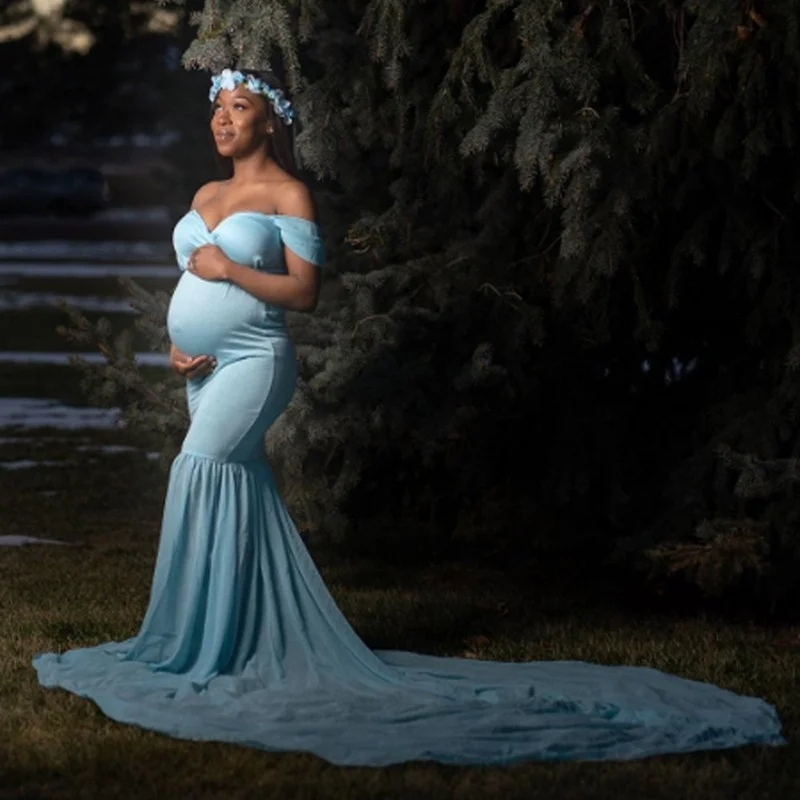 

Шифоновое платье с открытыми плечами для беременных женщин со шлейфом