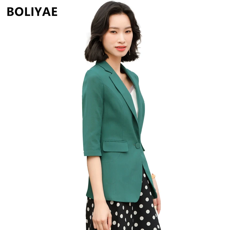 Boliyae 2021 Fashion Small Suit Women Summer Half Sleeve Casual Coat Female Jacket Top OL Office Temperament Blezer Veste Femme