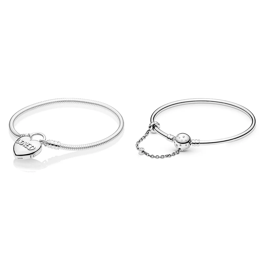 

925 Sterling Silver Bracelets Bangles Heart With Loved Word Fashion Round Bangles Fit For Women Original Charm Beads Jewelry