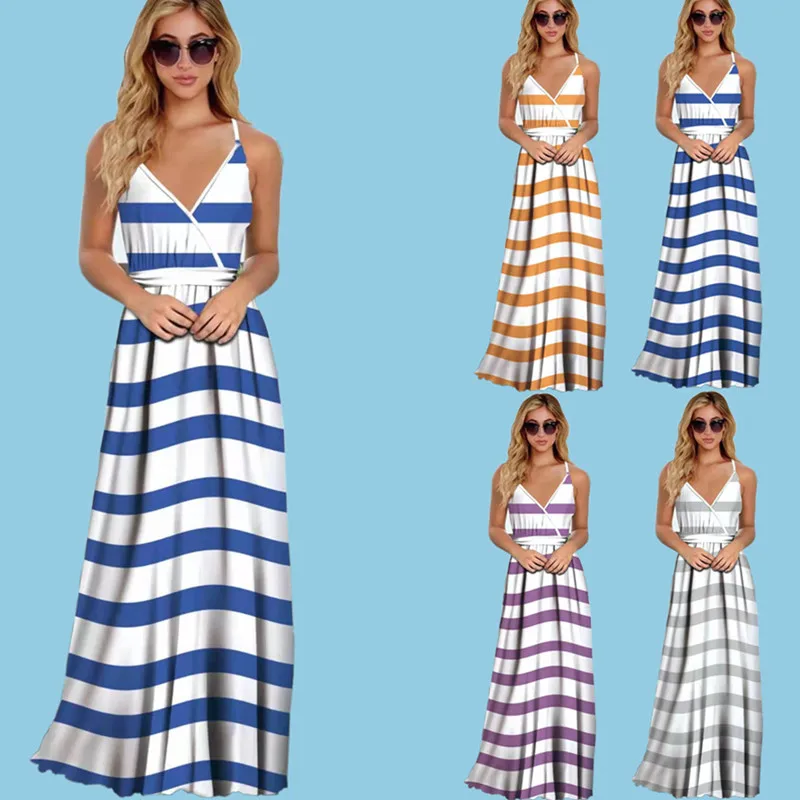 

OLOMLB Summer Deep V Neck Sleeveless Spaghetti Strap Empire Women Dress Sexy Backless Cross Bandage Striped Maxi Female Vestidos