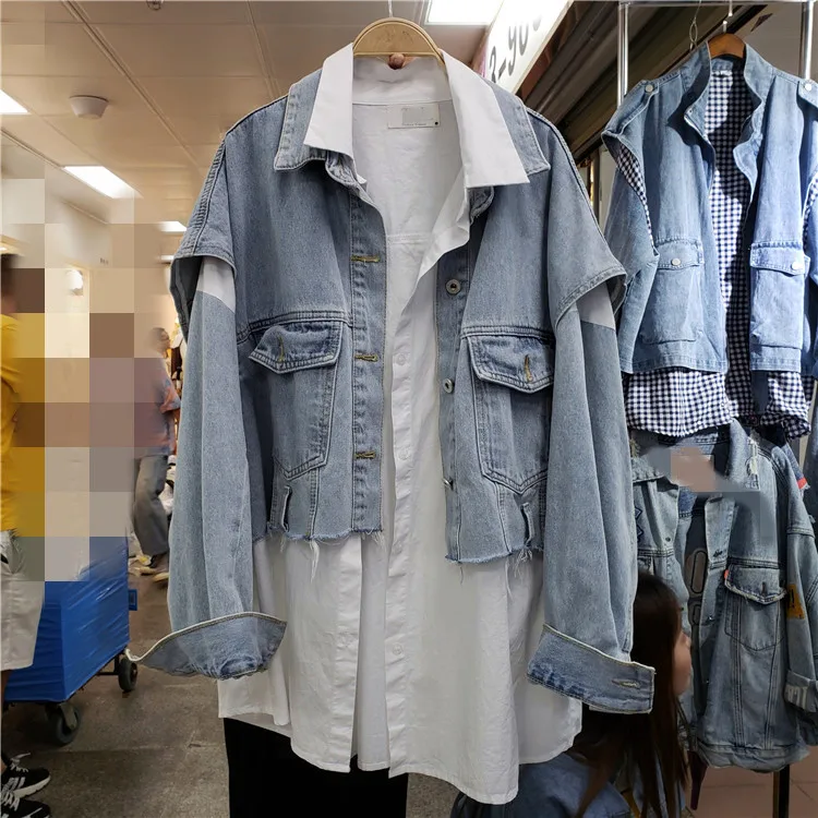 Плюс размер женский костюм из двух предметов джинсовый рукав Лоскутная белая