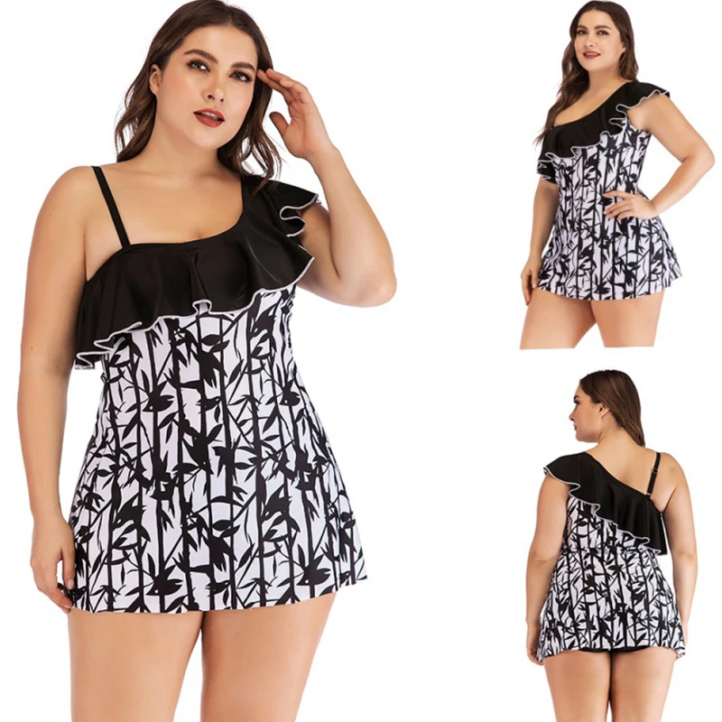 

Luren Plus Size Swimwear Women Cross Ruffles Front Sexy Short Skirted Bottom Tankini Shoulder Off Swimsuit