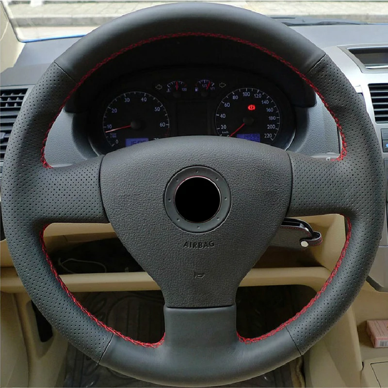 Черный верхний слой кожи прошитый вручную чехол рулевого колеса автомобиля для