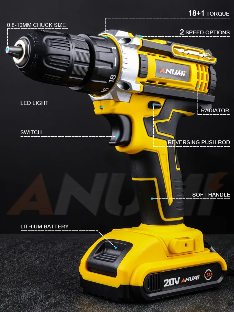 ANUMI 12V 20V Yellow Cordless Drill Electric Screwdriver Mini Wireless Power Driver DC Lithium-Ion Battery 3/8-Inch | Инструменты