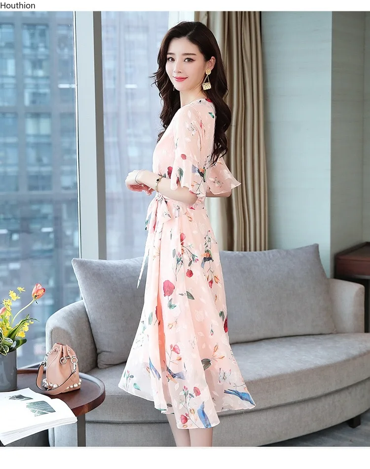 

Chiffon Loose Plus Size Women's Dress Floral V-neck Mid-length Summer New Fashion Casual Short Sleeve Dresses Houthion