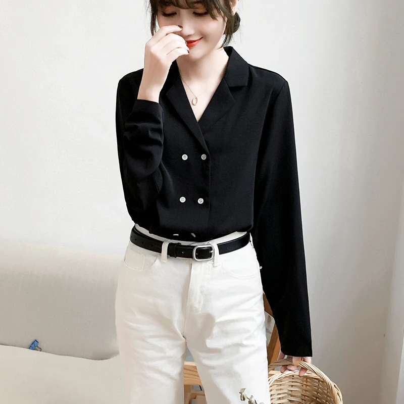 

2020 New Autumn Elegant Double Breasted Loose Women's Blouse Korean Style Long Sleeve Tops Chic Blouses Shirts Female