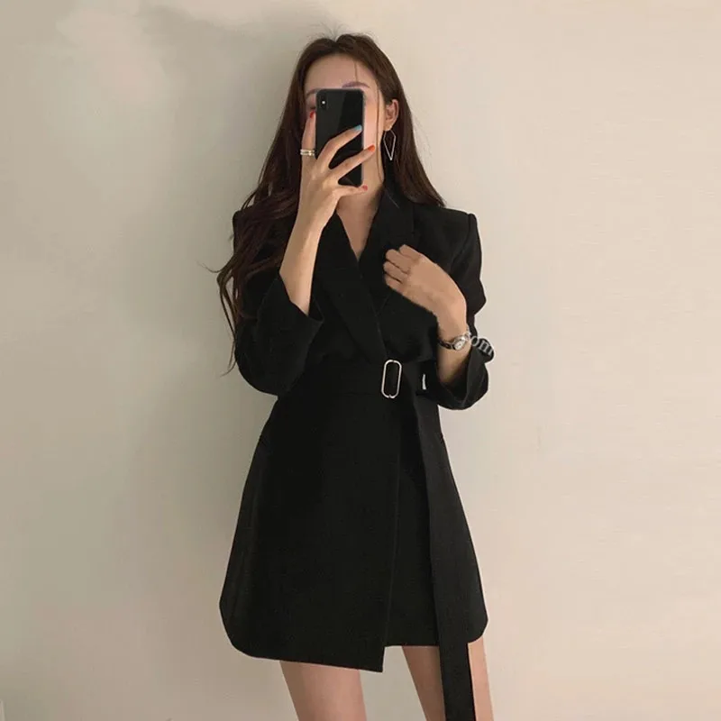 Весенне-осенний Женский Длинный блейзер куртка с поясом женская верхняя одежда