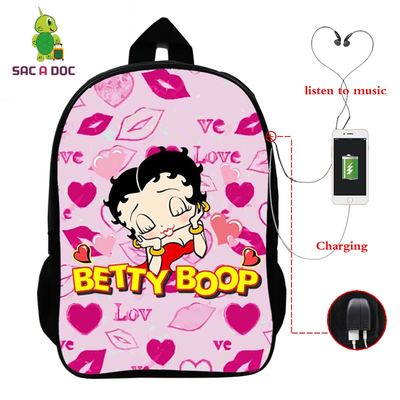 

16 inch Large Capacity Betty Boop Usb Charging School Bags 2021 New Cartoon Print Canvas Backpack Girls Laptop Bag Mochilas