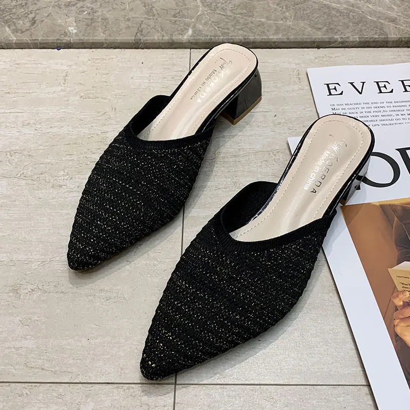 Шлепанцы женские трикотажные Сланцы на низком квадратном каблуке 3 см сандалии с