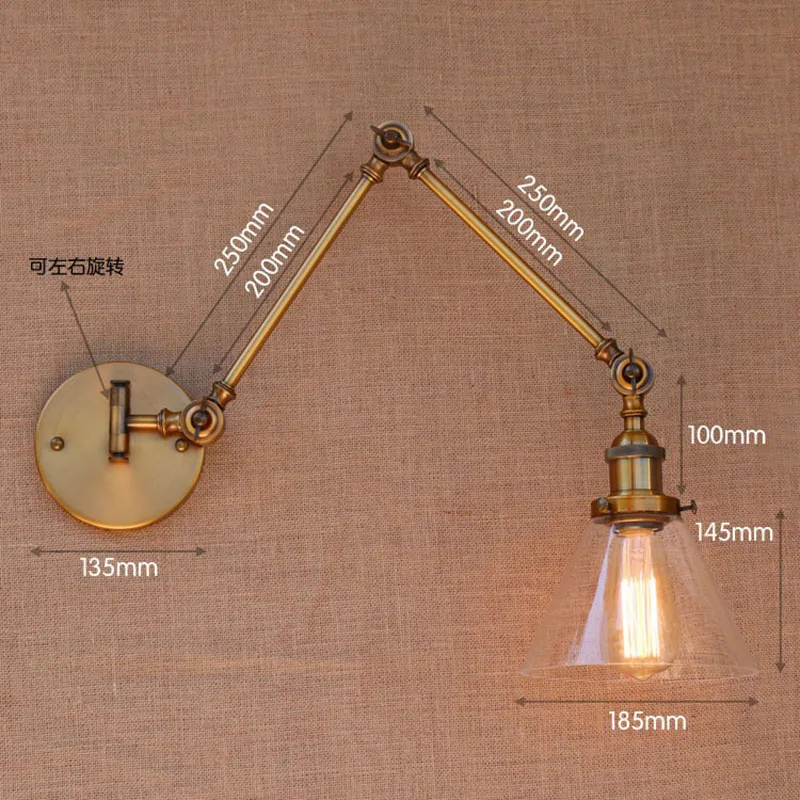 Beste Retro Industriële E27 Goud Brons Glas Wandlamp Links/Rechts/Up/Down Swing Arm Verlichting Voor Living Kamer Slaapkamer Badkamer Werkkamer