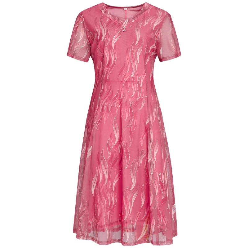 

2021 Summer Woman Vintage Dress V-Neck Short Sleeve Casual Elegant Dresses for Female A-Line Mid-Calf Plus Size Ladies Dresses