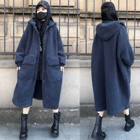 free shipping fashion autumnn winter loose long knee coat hooded thickened wool casual cotton