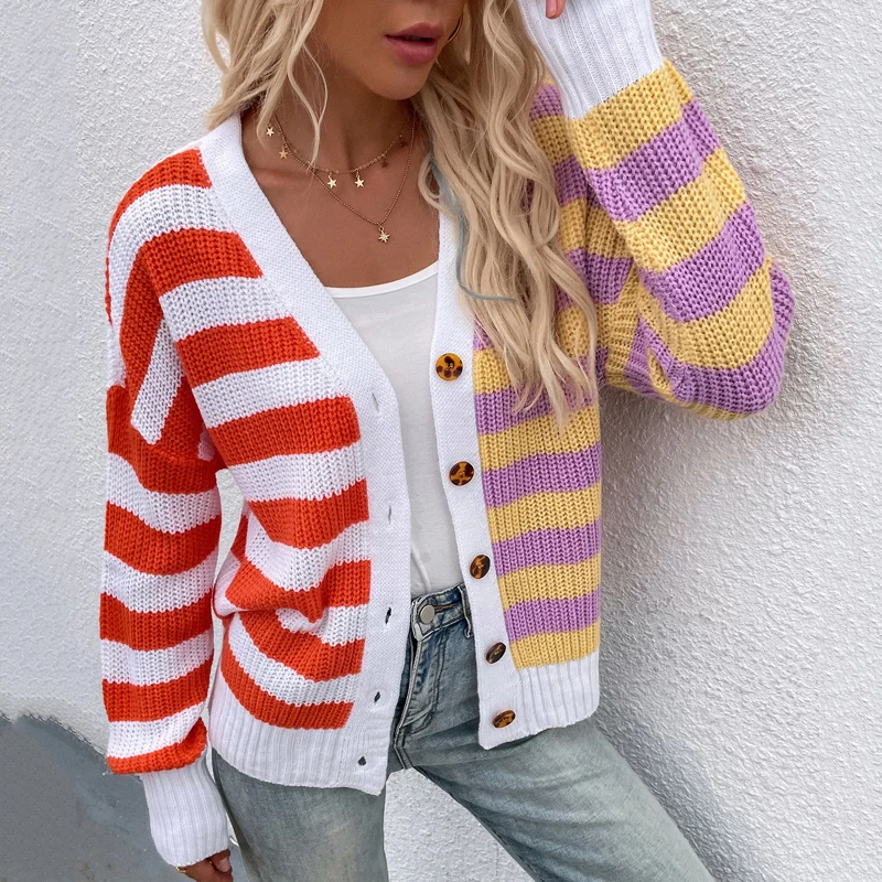 

2021 Autumn Winter Women Knitted Cardiagn Jacket Fashion Single Breasted Contrast Color Sweaters Female V Neck Loose Casual Coat