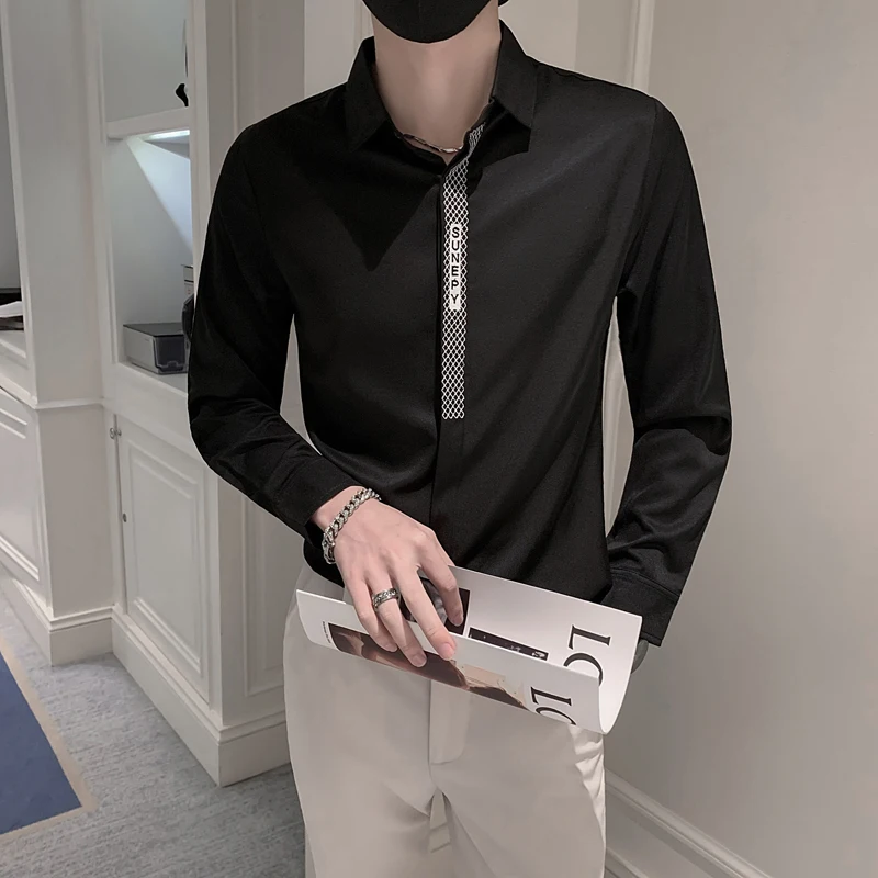 2021 new fashion long sleeve shirt solid color slim fit breathable trend men's social leisure business black and white shirt