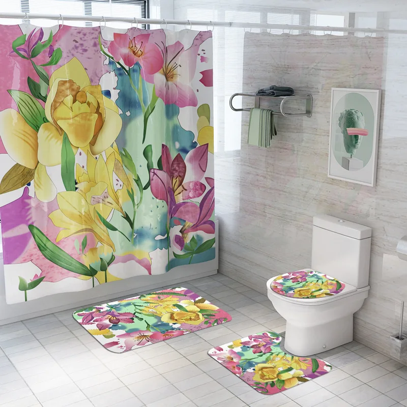 

Bathroom Mat Floral Printed Bathroom Carpet Bath Curtain Set Toilet Rugs and Shower Curtain Toilet Seat Cover Shower Floor Mats