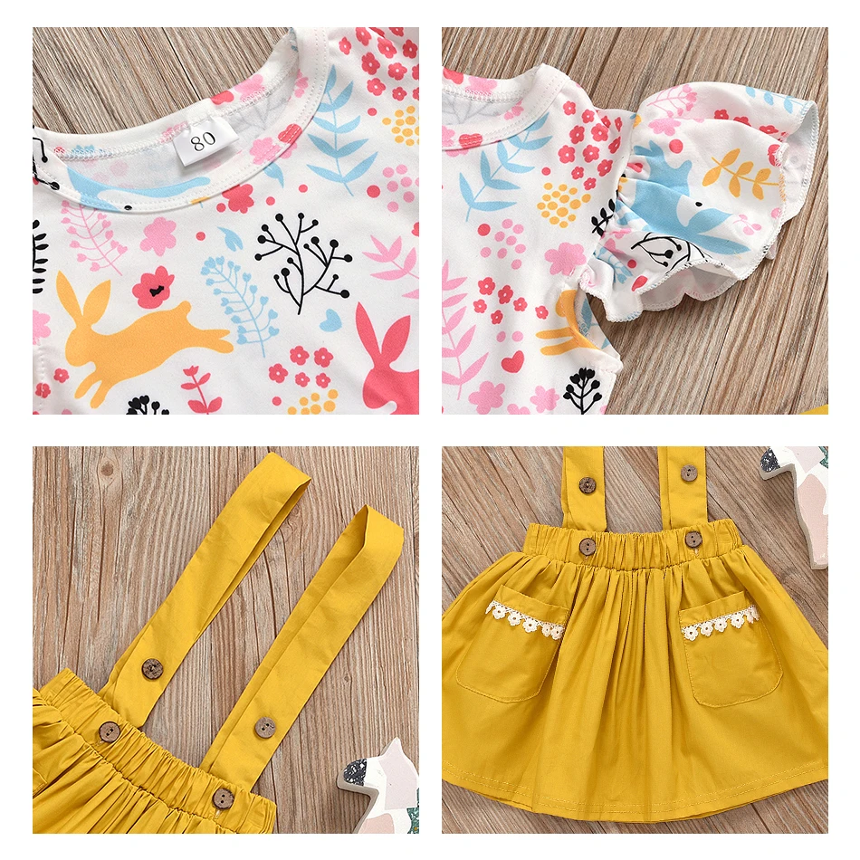 Летняя футболка для новорожденных девочек + юбка на пуговицах с подтяжками и