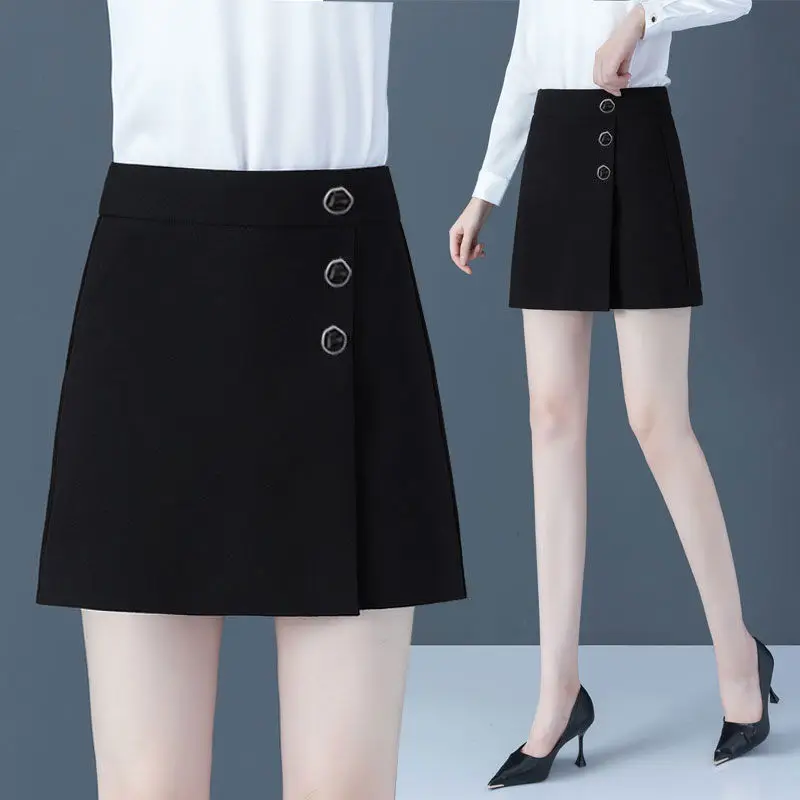 

Black high-waist shorts all-match hakama casual pants suit shorts wide-leg pants A-line protective skirt pants were thin