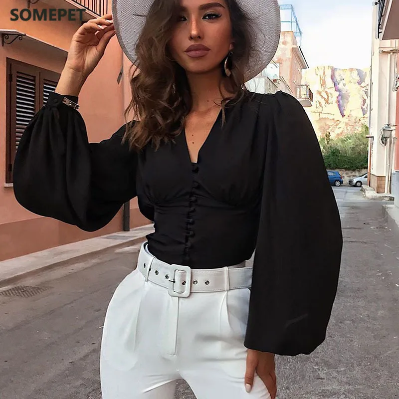 

Blouses Woman Sexy Deep V-Neck Black Button Lantern Long Sleeve Slim Fashion Autumn New Elegant Lady Shirt Top