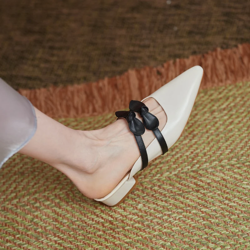 

2021 New summer Ladies slippers natural Leather shoes 22-24.5cm Cowhide color-block bow pointed toe slippers women slides