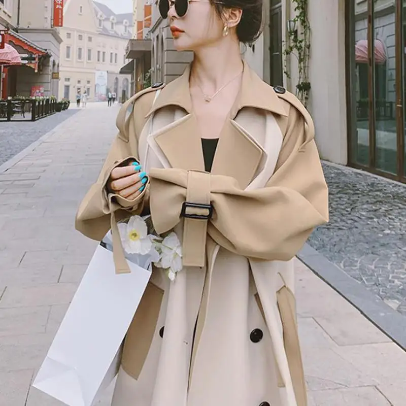

Women's Casual Lapel Trench Coat For Fall/winter 2022 New Loose Fashion Double Breasted Long Over-the-knee Belted Trench Coat