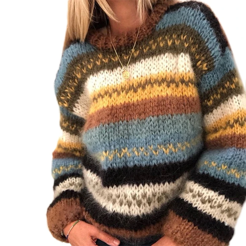 

Women Long Sleeve Knit Loose Sweater O-Neck Contrast Colored Striped Jumper Top M5TE