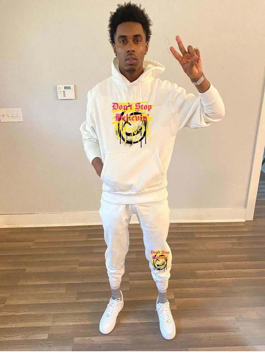 

New style hooded sweater pullover smiley face printing suit casual sports 2-piece set