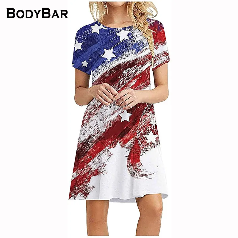 Мини-платье с короткими рукавами Fashion Print American Flag Sexy, летние повседневные платья 2021 с круглым вырезом и надписью Streetwears 2XL для женщин.
