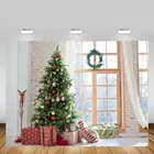 Рождественский фон Mehofond дерево подарок деревянный венок с окном белая занавеска ребенок портрет фотография Фон Декор Фотостудия