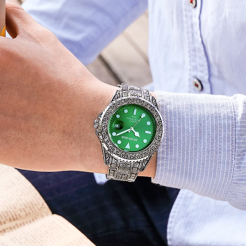 

2019 GOLDENHOUR New Item Men's Watch Business Men Quartz Clock Waterproof Calendar Steel Strap Wrist Watches Relogio Masculino