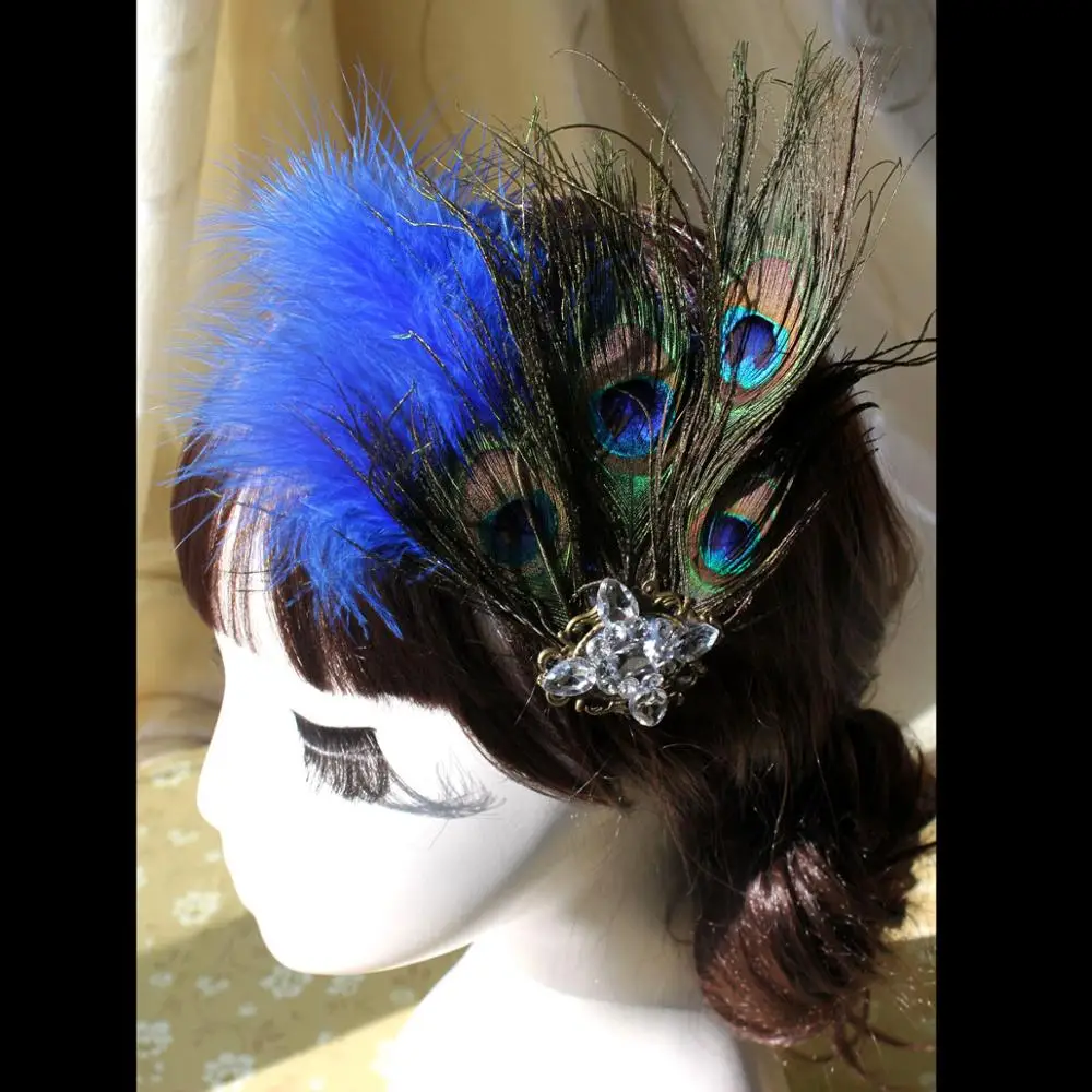 

Women Peacock Feather Rhinestone Crystal Decoration Flower Headwear Bride Wedding Party Hair Clip Pins Dance Hairpin Headdress